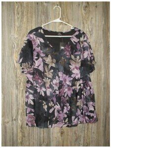 Leebe NWT Womens 3X Black Purple Floral Short Slv Mesh Top Whimsigoth Boho Fairy